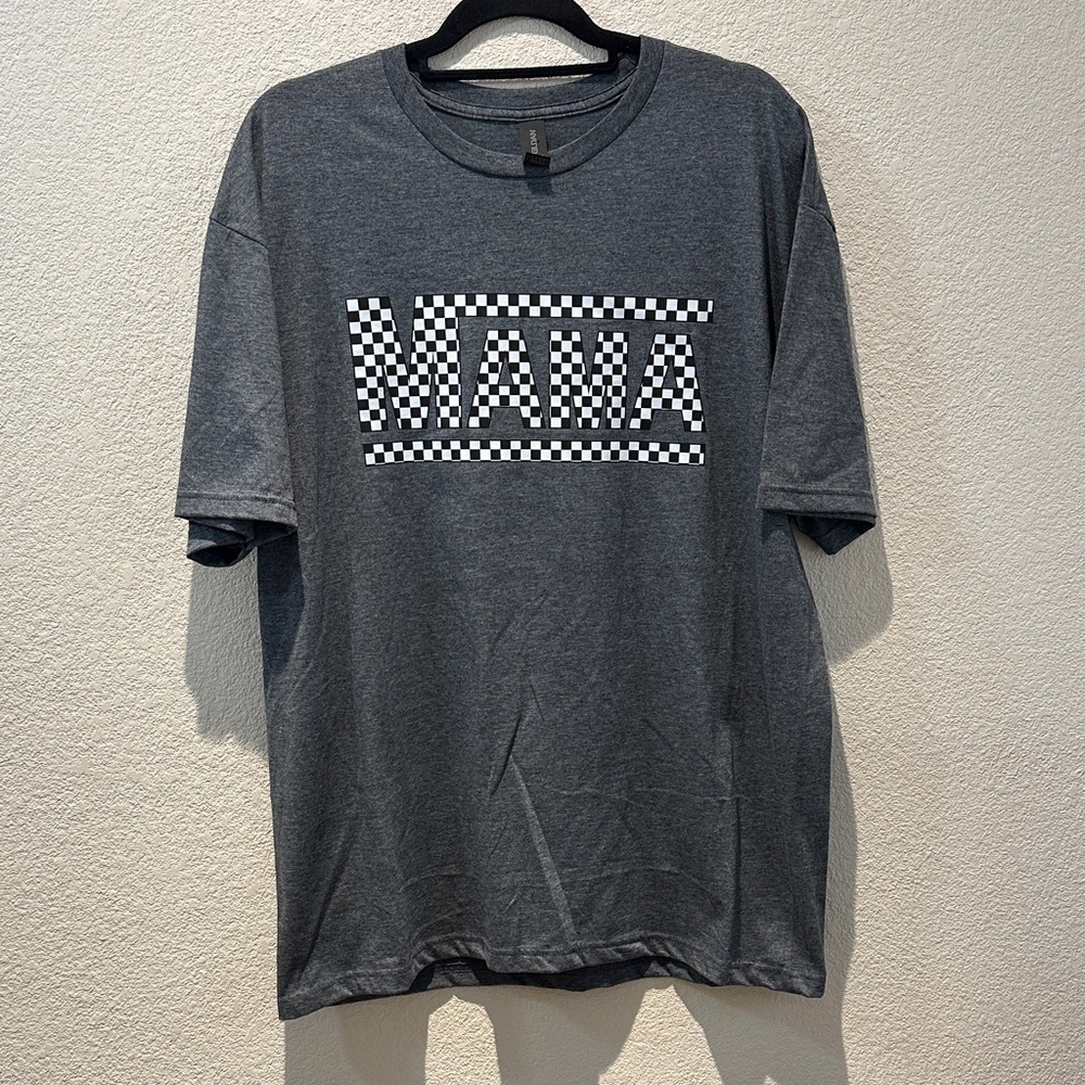 Gildan Charcoal Gray Tee with Black-and-White Checker “Mama” Graphic Size XL